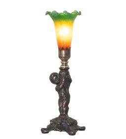 12" High Amber/Green Tiffany Pond Lily Cherub Mini Lamp
