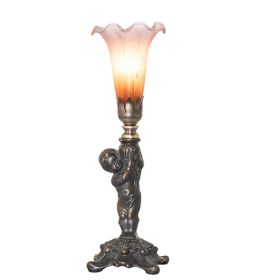 12" High Amber/Purple Tiffany Pond Lily Cherub Mini Lamp