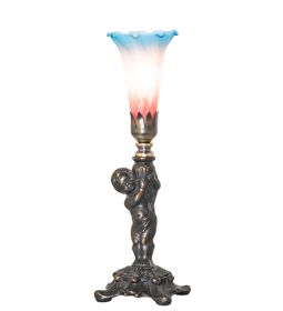 12" High Pink/Blue Tiffany Pond Lily Cherub Mini Lamp