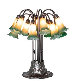 24" High Amber/Green Tiffany Pond Lily 12 Light Table Lamp