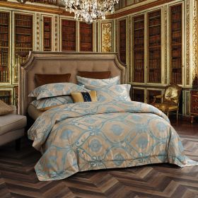 Queen Size Duvet Cover Set Jacquard Top & 100% Cotton Inside Blue/Gold