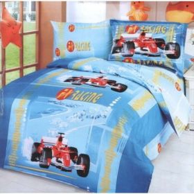 Blue Race Car, Twin Size Duvet Cover Sheets Set