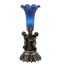 12" High Blue Pond Lily Twin Cherub Mini Lamp