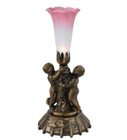 12" High Pink/White Pond Lily Twin Cherub Mini Lamp