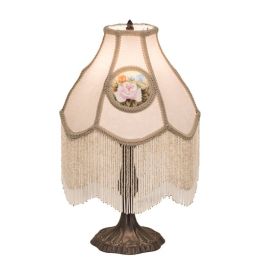 20" High Reverse Painted Roses Fabric with Fringe Table Lamp