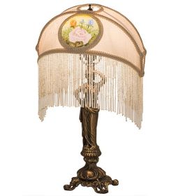 20"H Reverse Painted Roses Fabric with Fringe Table Lamp
