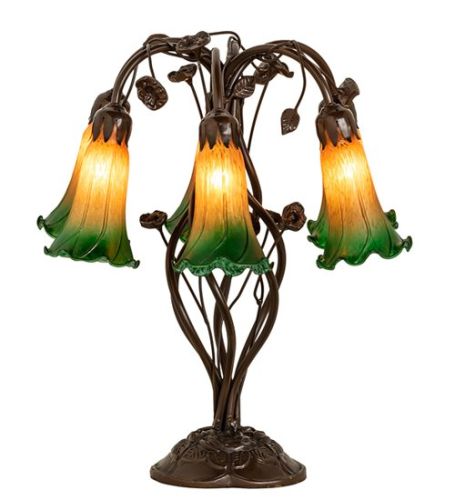 18" High Amber/Green Tiffany Pond Lily 6 Light Table Lamp