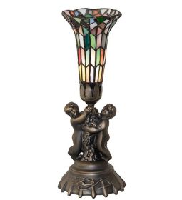 13 High Stained Glass Pond Lily Twin Cherub Accent Lamp