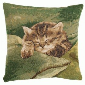 Sleeping Cat Green French Cushion Cover