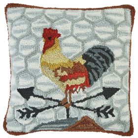 Break Of Day Rooster Hooked 18" Pillow Set Feather Down Insert