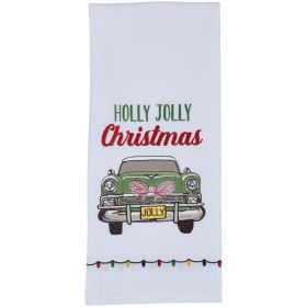 Holly Jolly Christmas Car Embroidered Dishtowel