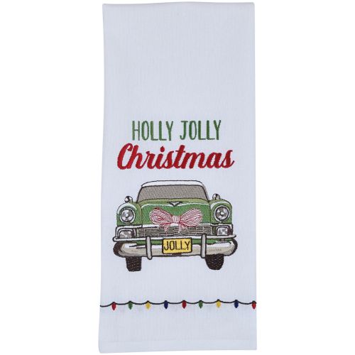 Holly Jolly Christmas Car Embroidered Dishtowel
