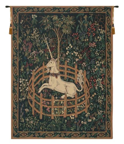 Unicorn In Captivity II (With Border) Tapestry