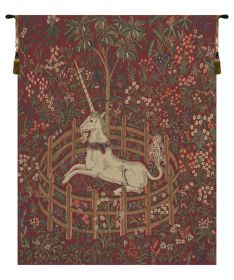 Unicorn In Captivity Red  Tapestry (size: H 42" x W 34")